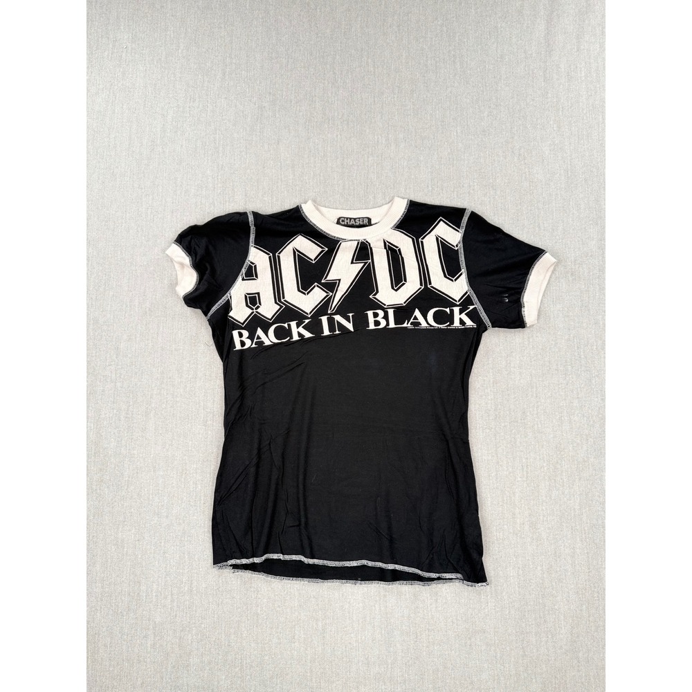 Chaser AC/DC Back in Black Ringer Graphic Tee Black White Stitching 80 Back